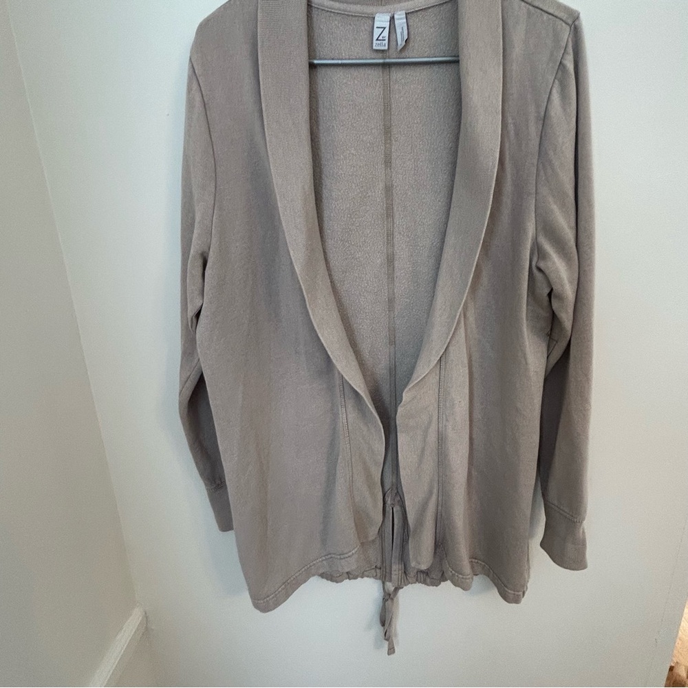 Z By Zella Large Coffee Brown Open Front Duster Cardigan Cotton Blend Collared‎